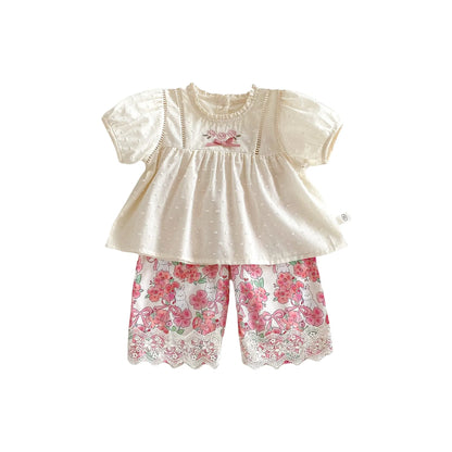 Girls' cotton short-sleeve shirt with lace collar and lace straight-leg trousers set in almond, sizes 73-120cm