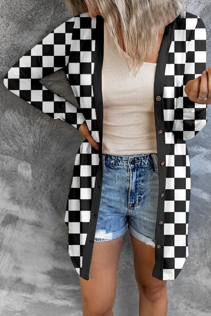 Women's long grey plaid knitted cardigan coat with loose fit and regular sleeves on a hanger