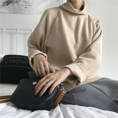 Women's pure colour half-high collar long sleeves top in loose fit, available sizes S to 3XL