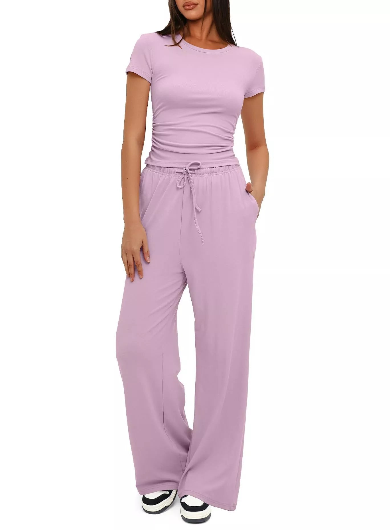 Women's 2-piece solid color yoga set with short-sleeve top and high-waisted pants
