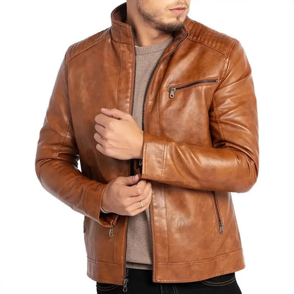 Men's brown artificial leather punk motorcycle jacket with a stand collar and straight hem on a hanger.