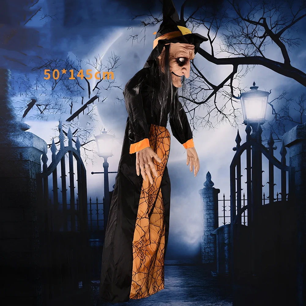 Voice-activated Halloween witch decoration with motion-sensing technology in black or purple colour options