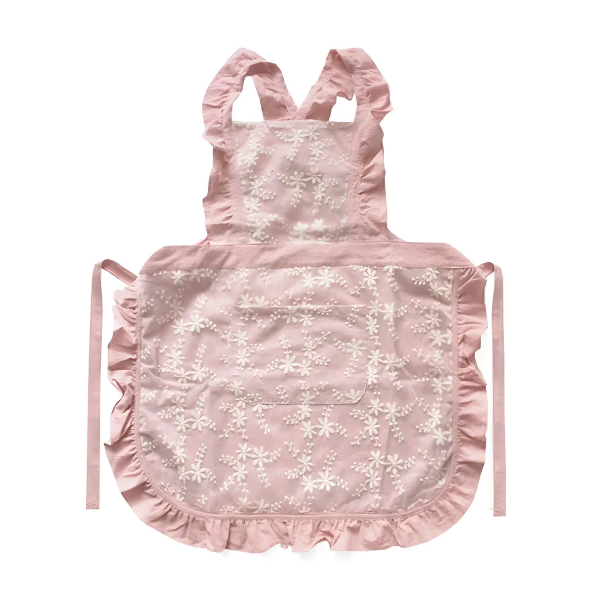 Minimalist kitchen apron with X-strap design in cotton linen fabric showing lace trim detail