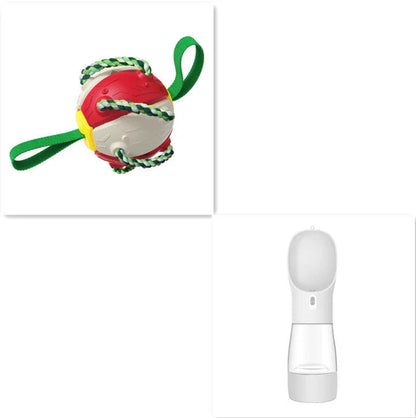 Transforming dog toy that can switch between a ball and frisbee shape, featuring durable construction and interactive play features