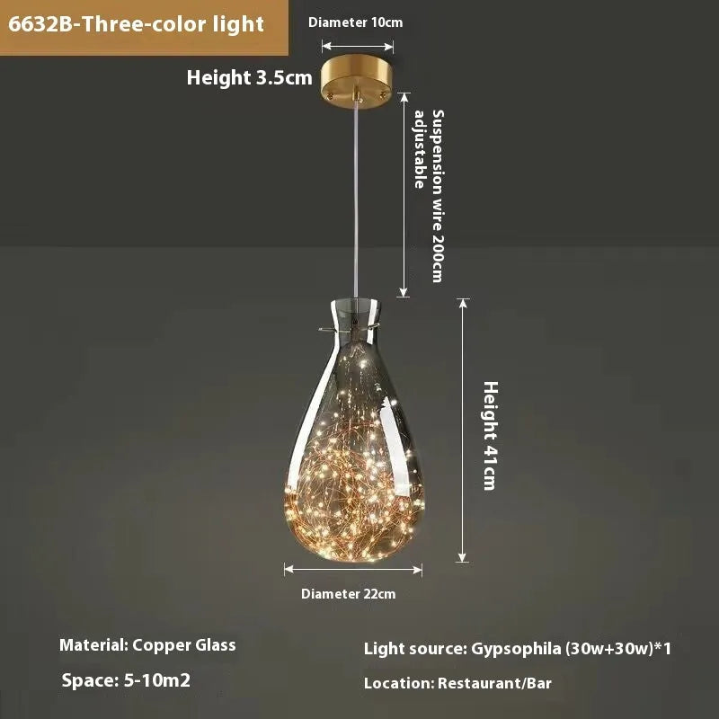 Modern adjustable glass droplight chandelier with LED lighting on a long suspension cable.