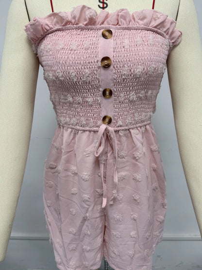 Women's off-shoulder sleeveless jumpsuit in polyester fabric with button detailing and mid-waist design