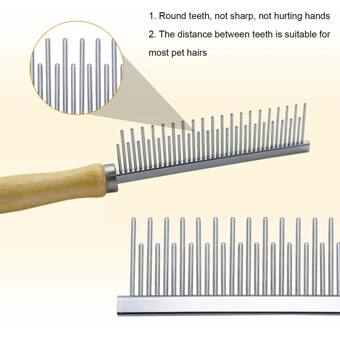 Wooden handle pet grooming comb with rounded needles for dogs and cats on a neutral background