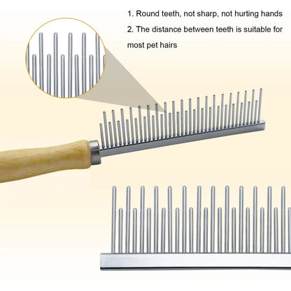 Wooden handle pet grooming comb with rounded needles for dogs and cats on a neutral background