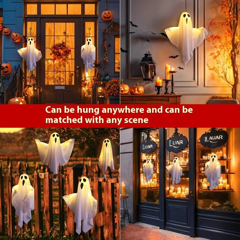 White ghost scream Halloween ambience light with cloth construction and 4.5V button electronics