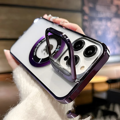 Magnetic electroplated mobile phone case for iPhone in dark purple with exposed leak-proof label detail