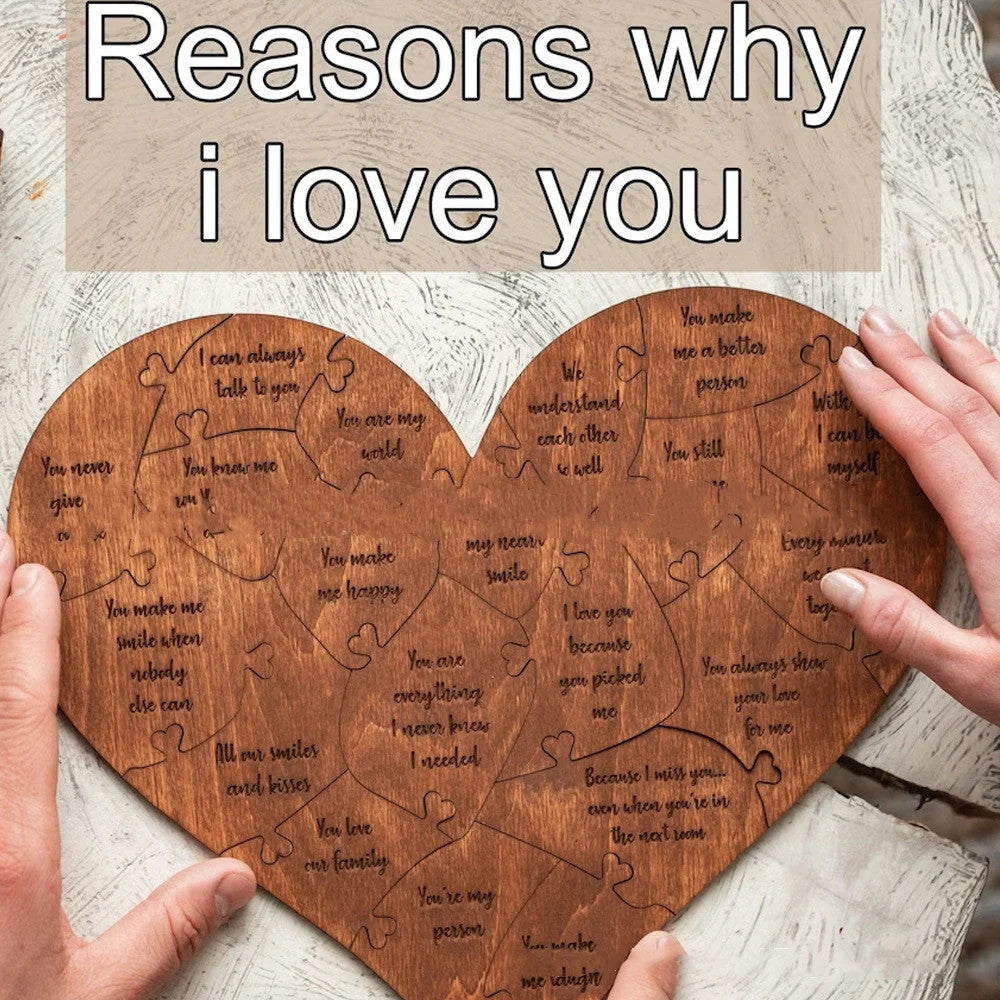 Wooden heart puzzle with love messages for romantic gifts, light brown color.