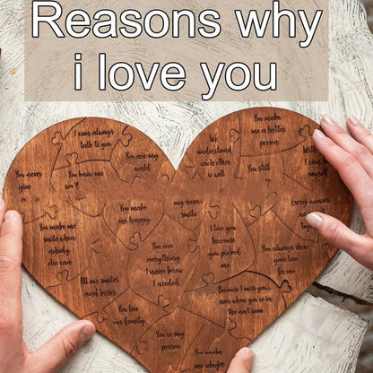 Wooden heart puzzle with love messages for romantic gifts, light brown color.