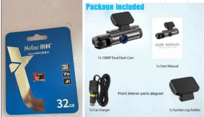 Dual-lens HD driving recorder with 3.5-inch screen showing vehicle footage