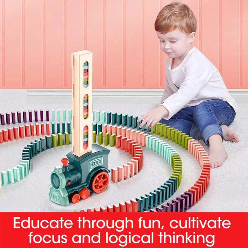 Automatic Domino-Building Train Toy with Mesmerizing Domino Display and Steering Mechanism