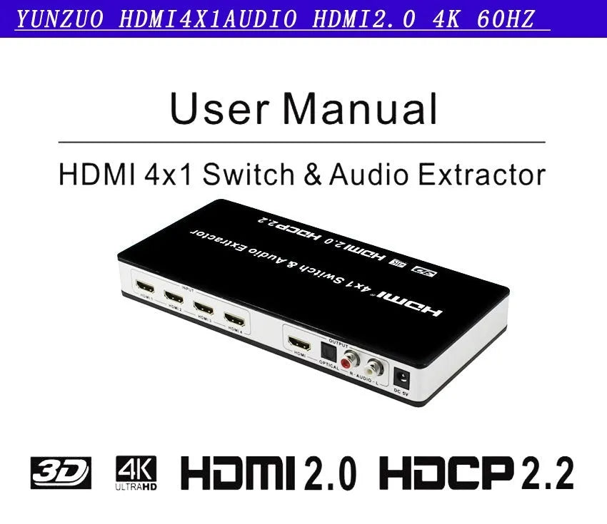 Black HDMI audio-video switch with remote control showing four inputs and one output