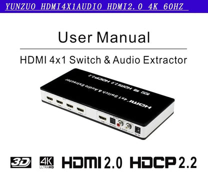 Black HDMI audio-video switch with remote control showing four inputs and one output
