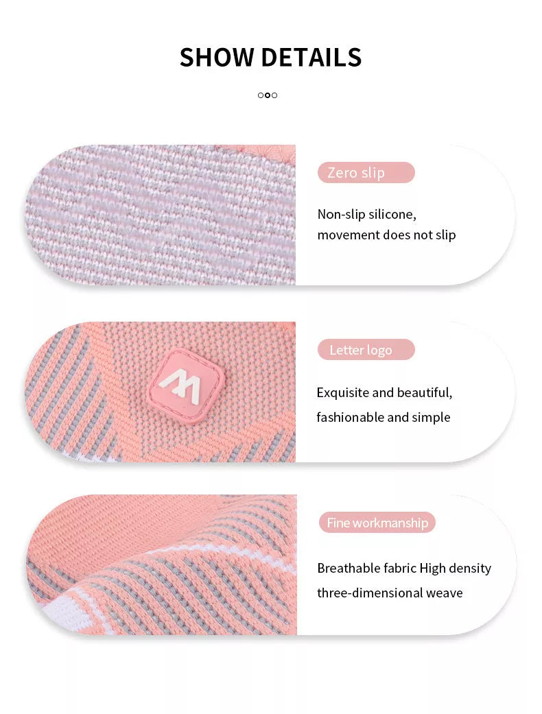 Non-slip knee compression sleeves in blue, pink, and black for pain relief and support