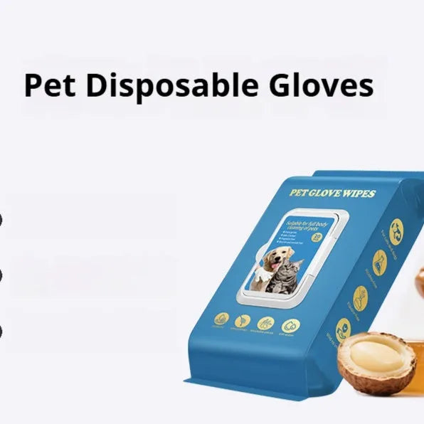 Pack of blue disposable plastic gloves with long cuffs for washing dogs and cats