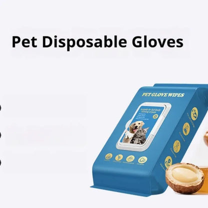 Pack of disposable plastic gloves with textured fingertips for grooming cats and dogs during bathing.