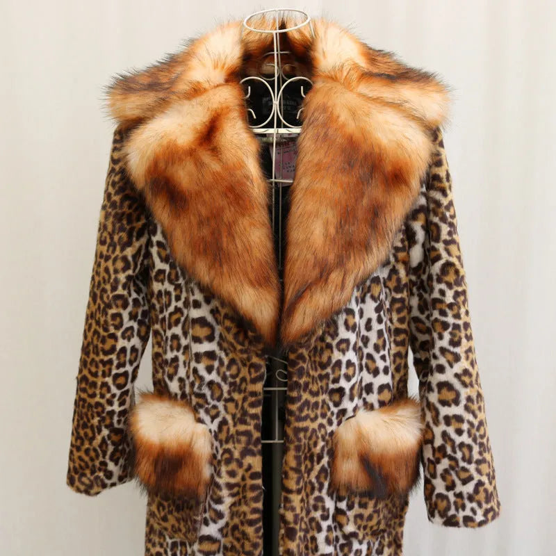 Long artificial fur jacket with leopard print design, regular sleeves, street fashion style for women's commuting wear