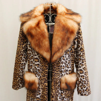Long artificial fur jacket with leopard print design, regular sleeves, street fashion style for women's commuting wear
