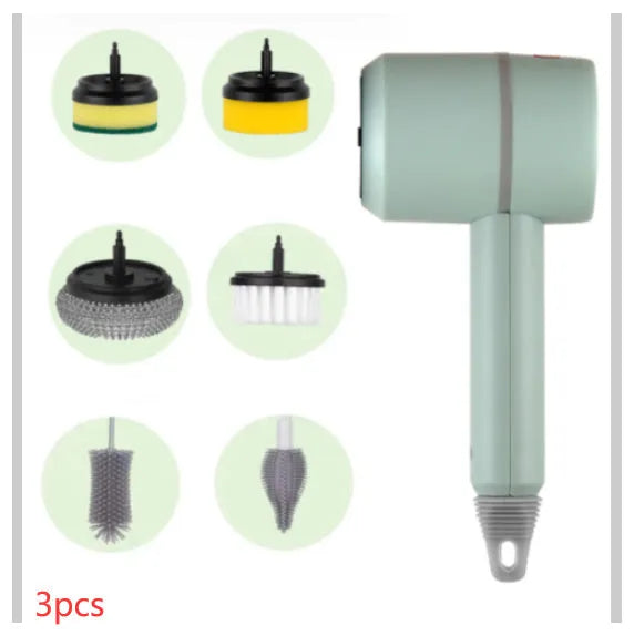 Green electric cleaning brush with scouring pad and brush heads on a kitchen worktop.