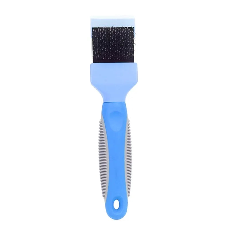 A blue double-sided pet grooming brush with stainless steel pins and a non-slip handle.