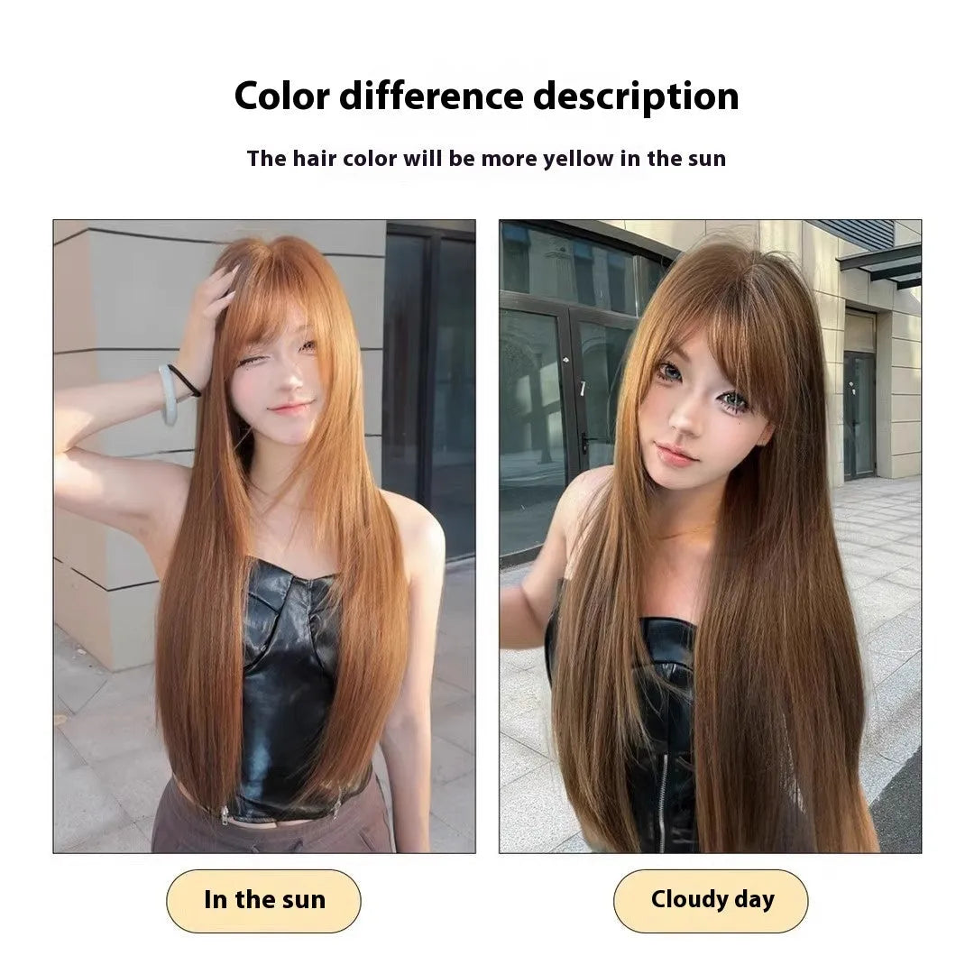 Warm tea chestnut brown long straight synthetic wig with bangs made from high temperature fibre