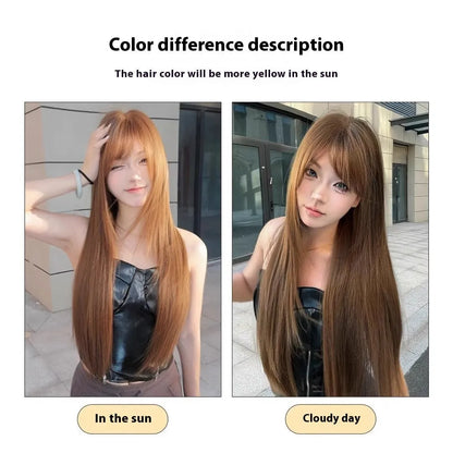 Warm tea chestnut brown long straight synthetic wig with bangs made from high temperature fibre
