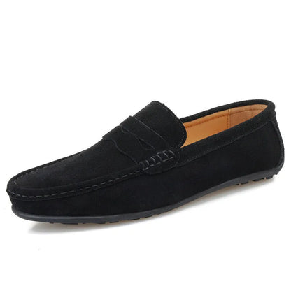 Men's suede loafers in black, blue, dark blue, wine red, and yellow colours with round toe and slip-on design.