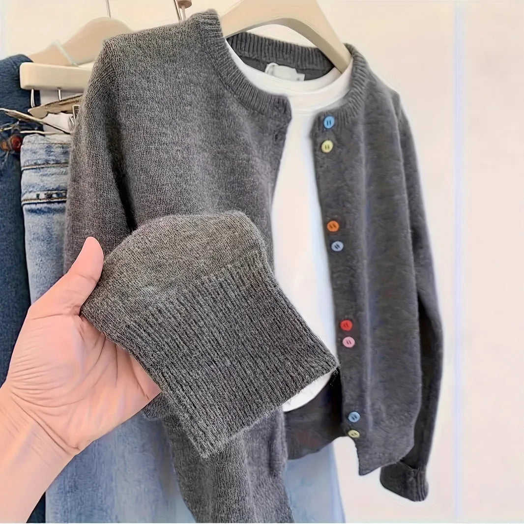 Women's dark grey polyester cardigan with button front and long sleeves