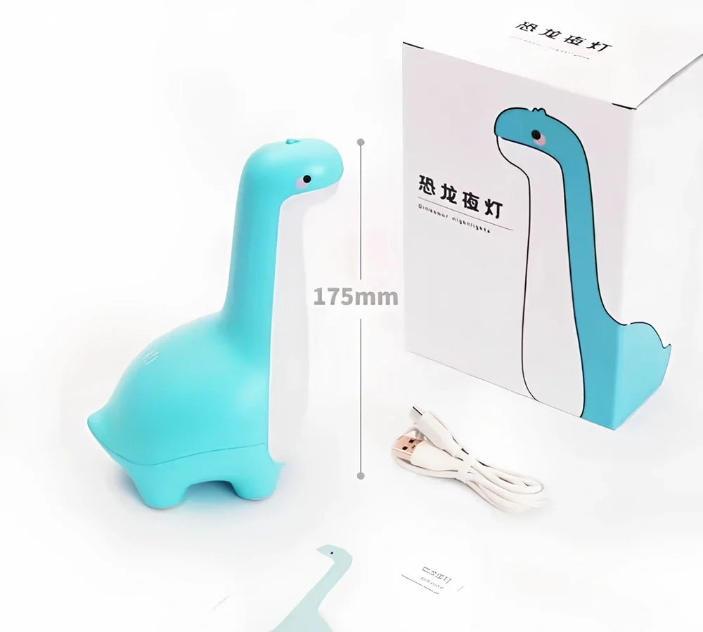 Dinosaur-shaped children's night light in lemon yellow with USB charging cable and 3000K warm white illumination