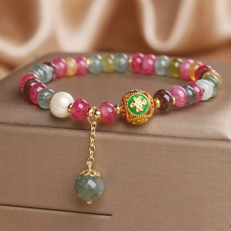 Colourful tourmaline abacus bead bracelet for women with pearl element in ethnic style