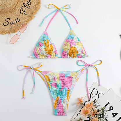 Women's triangle bag bikini swimsuit with floral gradient print and smocking craft detail