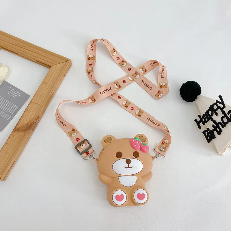 Cute strawberry bear shoulder bag for kids, perfect for daily outings and adventures.