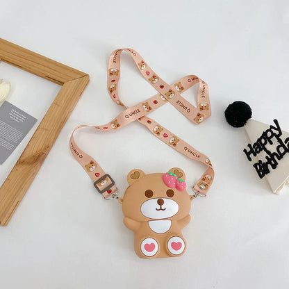 Cute strawberry bear shoulder bag for kids, perfect for daily outings and adventures.