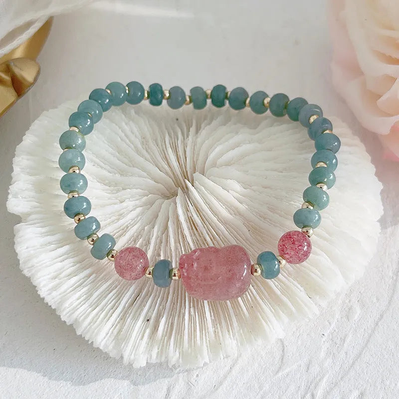 Blue Hetian jade gourd peace buckle bracelet with strawberry quartz beads and adjustable length