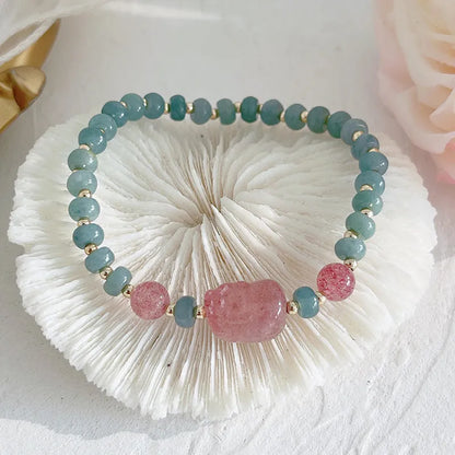 Blue Hetian jade gourd peace buckle bracelet with strawberry quartz beads and adjustable length