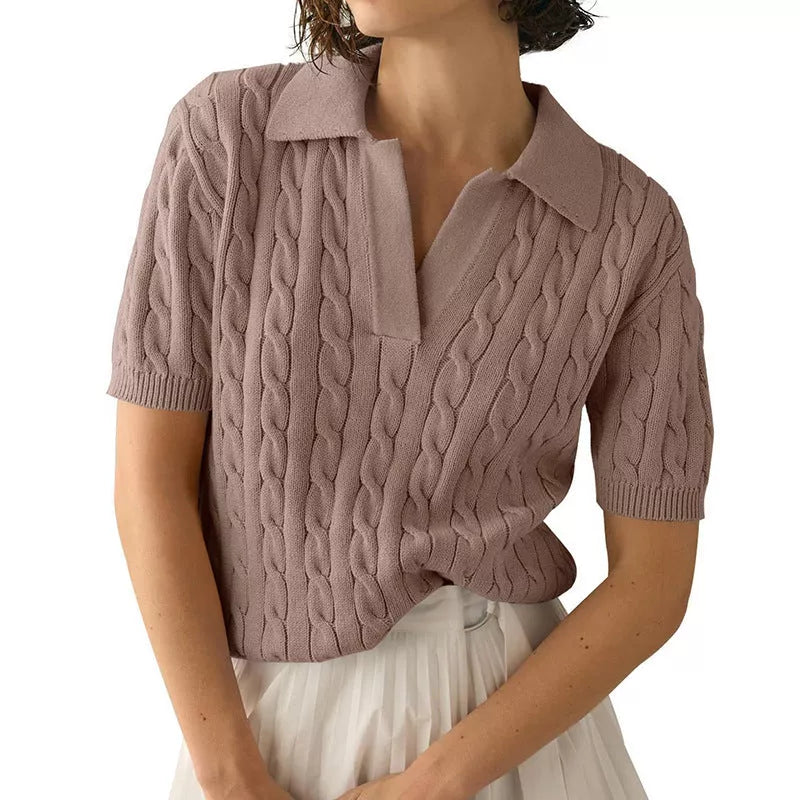 Women's V-Neck Short-Sleeve Knitted Sweater in various solid colors