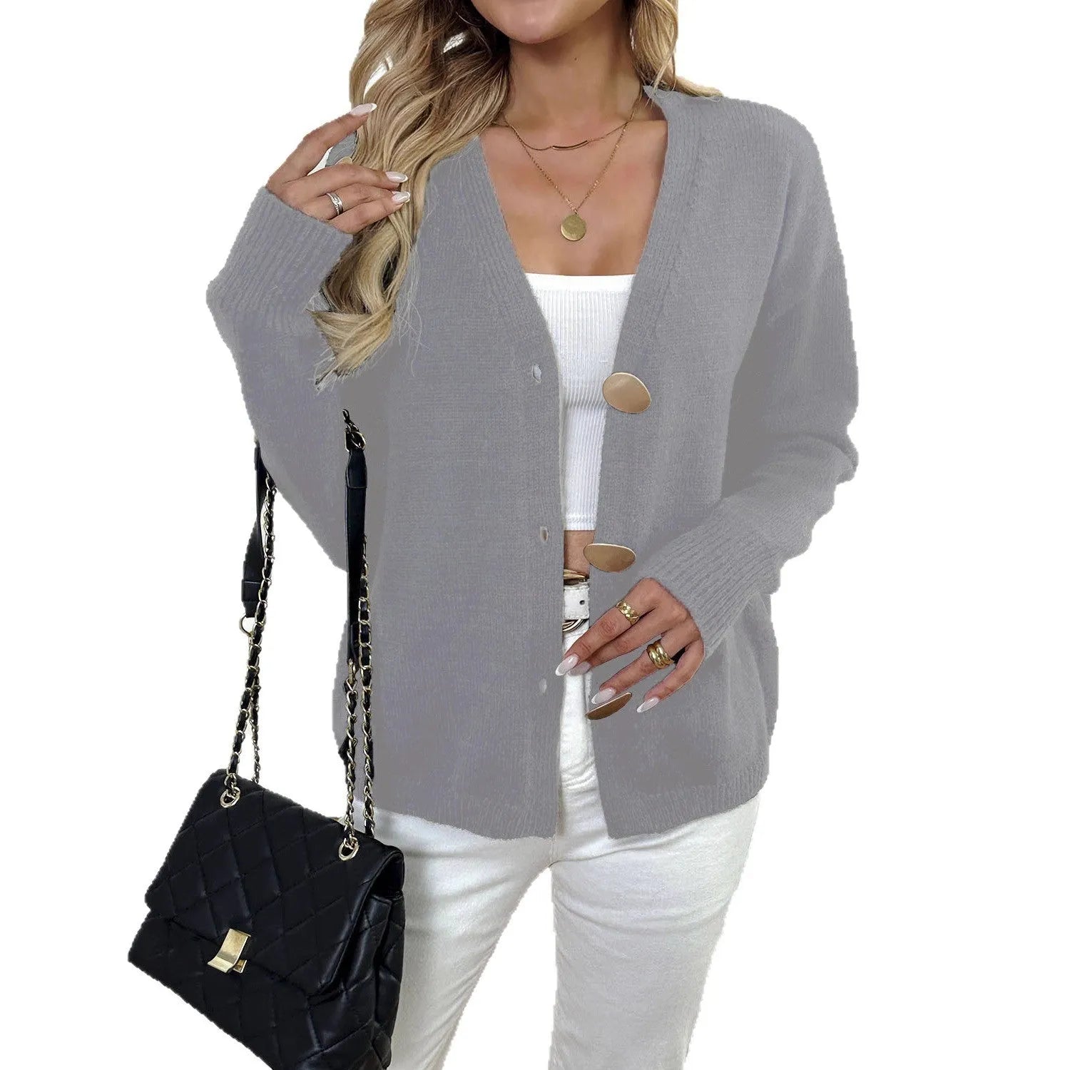 Women's grey deer plush long sleeve sweater coat with princess sleeves on a hanger.