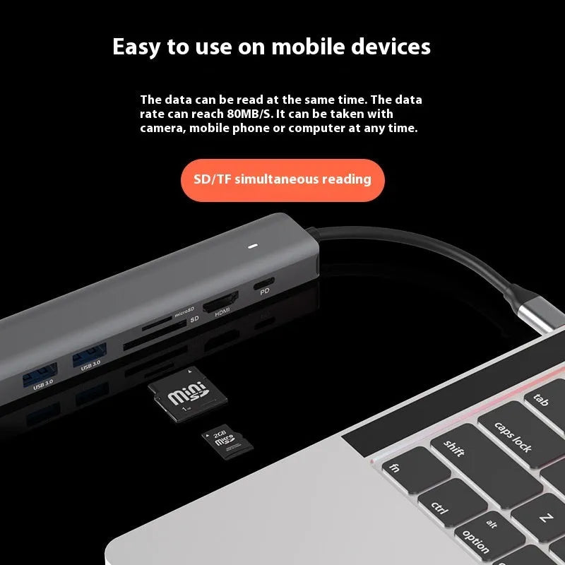 LQT-LH07 7-in-1 card reader PD computer hub with aluminium housing showing seven ports