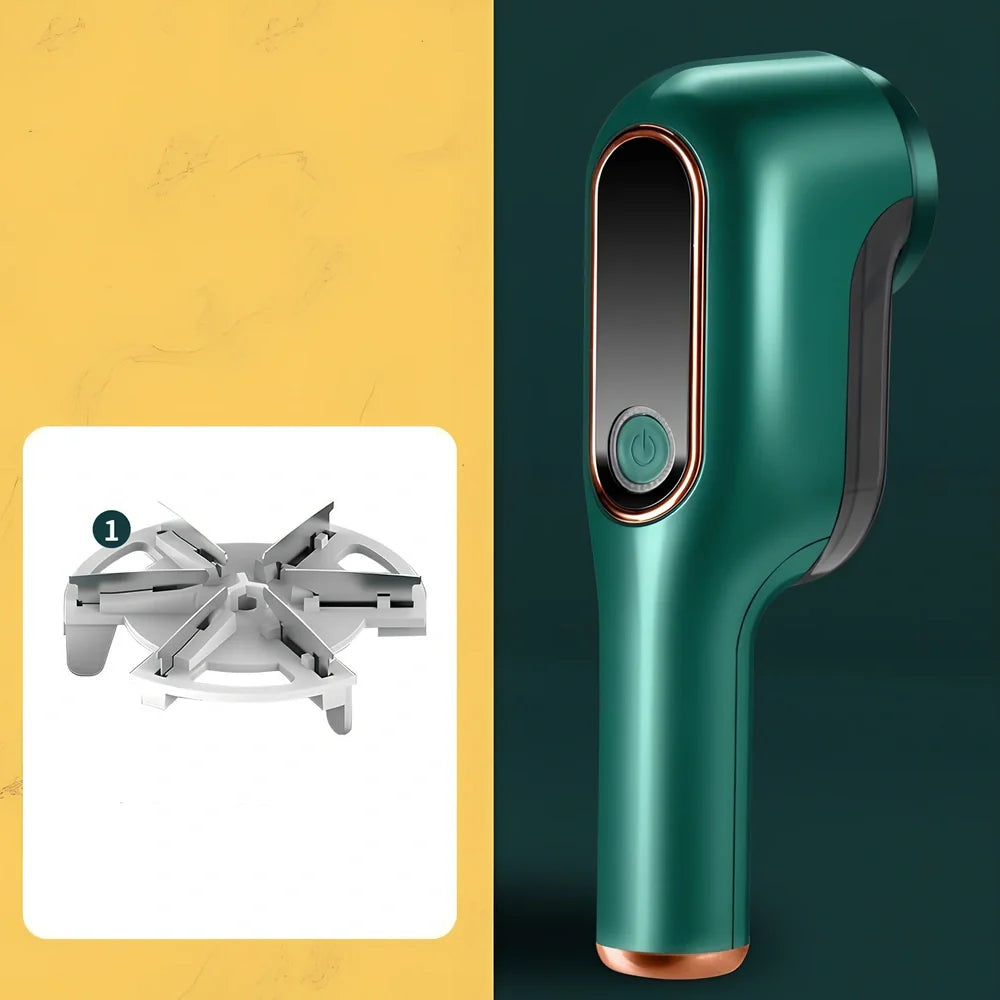 Rechargeable green lint trimmer removing fabric balls from wool jumper, digital display showing speed, 15 cm size with spare blades