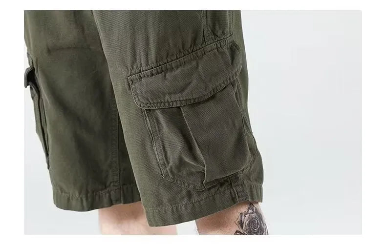 Men's heavy American overalls shorts in khaki, black, or green, loose straight-leg polyester blend summer shorts with zip fly