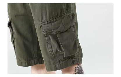 Men's heavy American overalls shorts in khaki, black, or green, loose straight-leg polyester blend summer shorts with zip fly