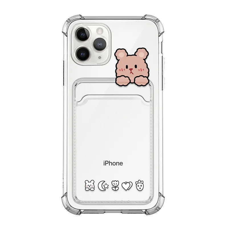 Cartoon transparent TPU phone case with card holder for iPhone, showing painted design and slim fit
