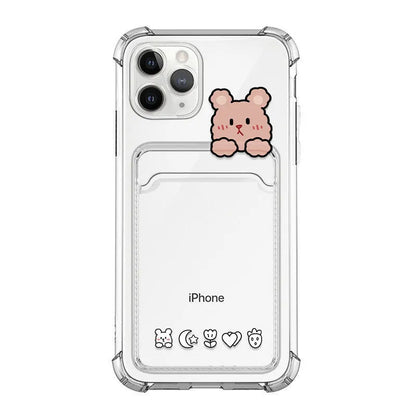 Cartoon transparent TPU phone case with card holder for iPhone, showing painted design and slim fit