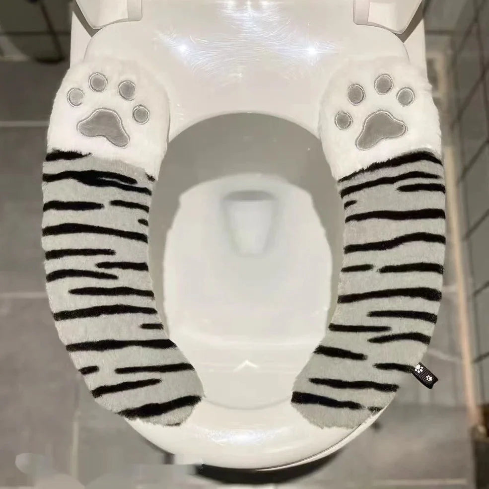 Cartoon stripe toilet seat cushion with plush material and waterproof adhesive backing