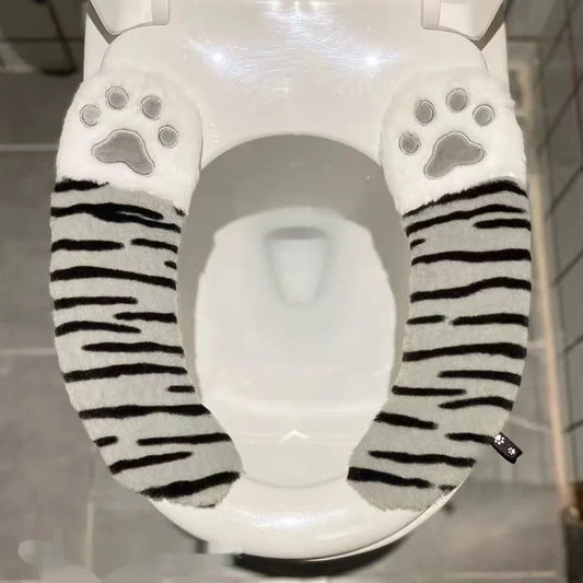 Cartoon stripe toilet seat cushion with plush material and waterproof adhesive backing