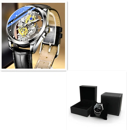 Men's skeleton automatic quartz watch with gold finish and mineral glass face