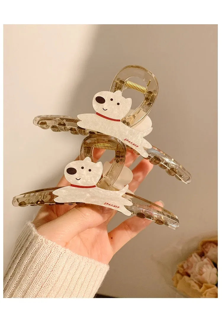 Korean style cartoon puppy barrettes hair grips in beige and brown with puppy face handles